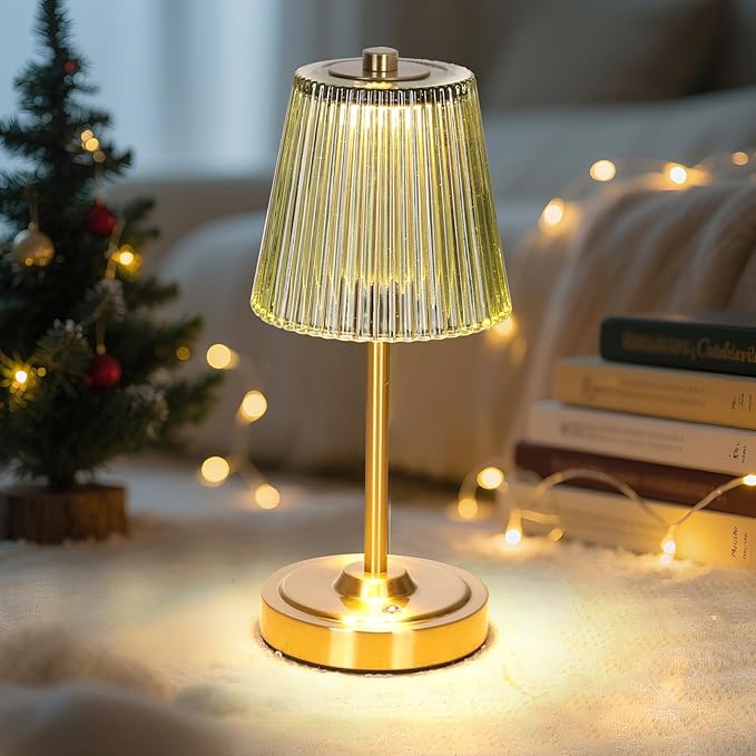 Cordless Touch Table Lamp with 5200mAh Battery - 3 Adjustable Color Temperatures & Dimmable, Rechargeable Desk Lamp for Bedroom, Living Room, Office, Entryway, Bookshelves (Green Stripe)
