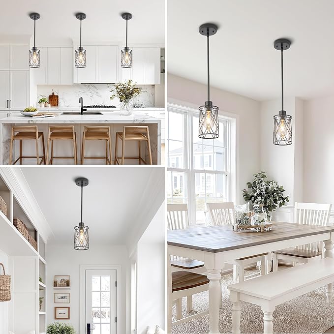 Refice Glass Pendant Lights Kitchen Island, Black Kitchen Hanging Light with Clear Glass, Farmhouse Cage Mini Pendant Lighting for Sink Dining Room Bedroom Bar, 3 Pack
