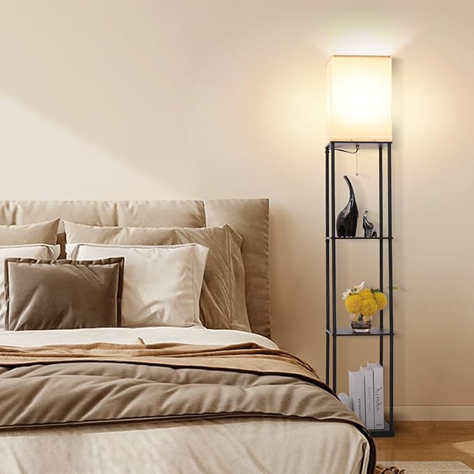 Floor Lamp with Shelves, with Modern Square Standing Lamp with Smart APP Control RGB Bulb, Corner Display Bookshelf Lamp for Living Room, Bedroom and Office (black-9RGB)