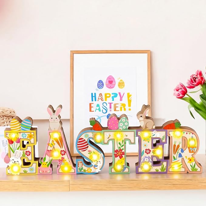 Patelai Easter Table Decoration Wooden Sign with LED Lights Easter Lighted Decor Rustic Farmhouse Table Centerpiece with 3D LED Bunny Egg Flower Tiered Tray Home Party Spring Decor (Without Batteries)