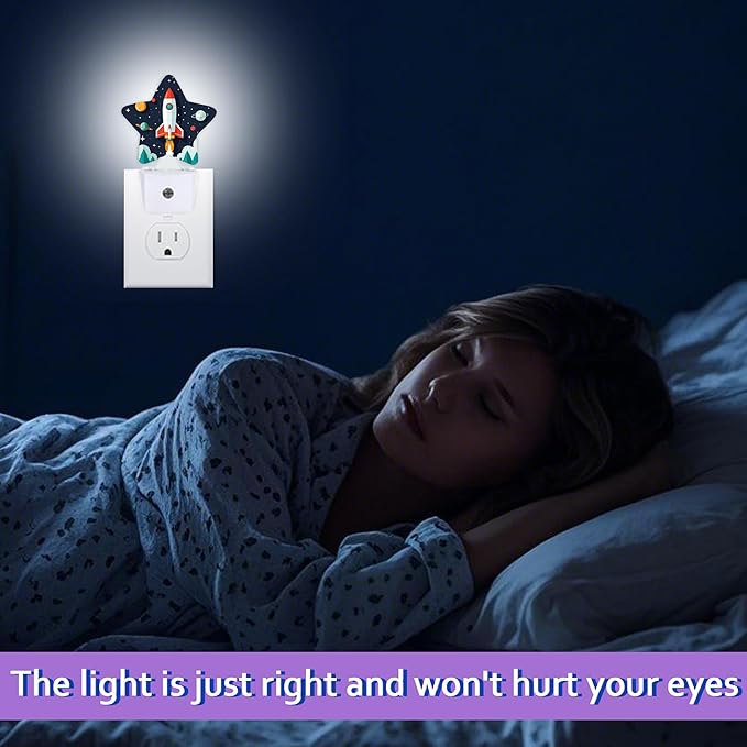 Cartoon Rocket Night Light for Kids,Space Planets Night Lights Plug Into Wall, Lightweight Dusk to Dawn Light Sensor Warm Nightlights for Girls Boys Bedroom Nursery Basement