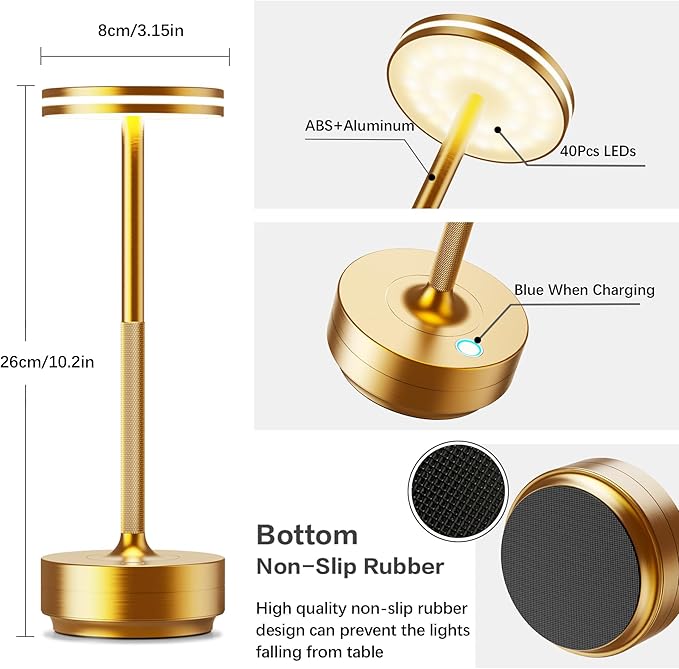 Hapfish 2 Pack Cordless Table Lamps Rechargeable, 5000mAh Battery Powered Lamp, 3 Color Modes, Dimmable, LED Table Lamps for Living Room,Outdoor, Dinner,Patio,Restaurantâ Gold