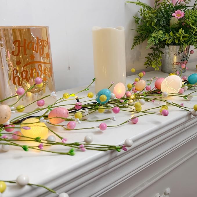 6 Foot Easter Egg Garland-Easter Garland with Lights Colorful Berry Battery Operated Auto Timer for Spring Summer Holiday Party Office Decoration