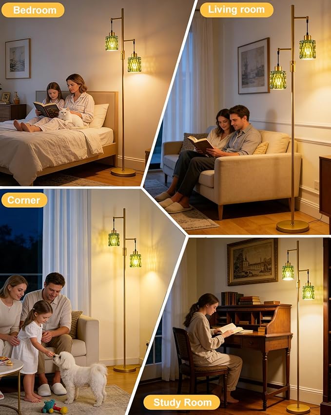 65IN Glass Floor Lamp, 2-Light Gold Tall Standing Lamps Dimmable with Green Glass Lampshade, 3000K Warmwhite Mid Century Modern Floor Lamp for Living Room/Bedroom/Corner