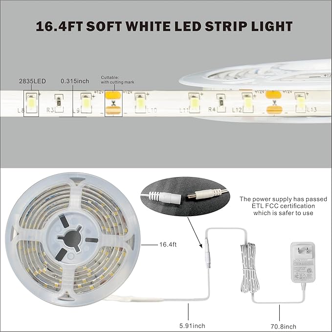 16.4FT Bright White LED Strip Lights, Cool White 300 LEDs 6500K Waterproof Light Strip LED Lights for Bedroom, Kitchen Cabinets, Living Room, ETL Adapter Included(6500K Bright White, 16.4FT)