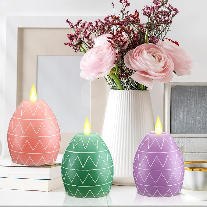 MTLEE 3 Pcs Easter Egg Candles 3 Color Scented Real Wax Led Easter Flameless Candles Spring Battery Operated Egg Shaped Holiday Home Living Party Decoration Centerpiece