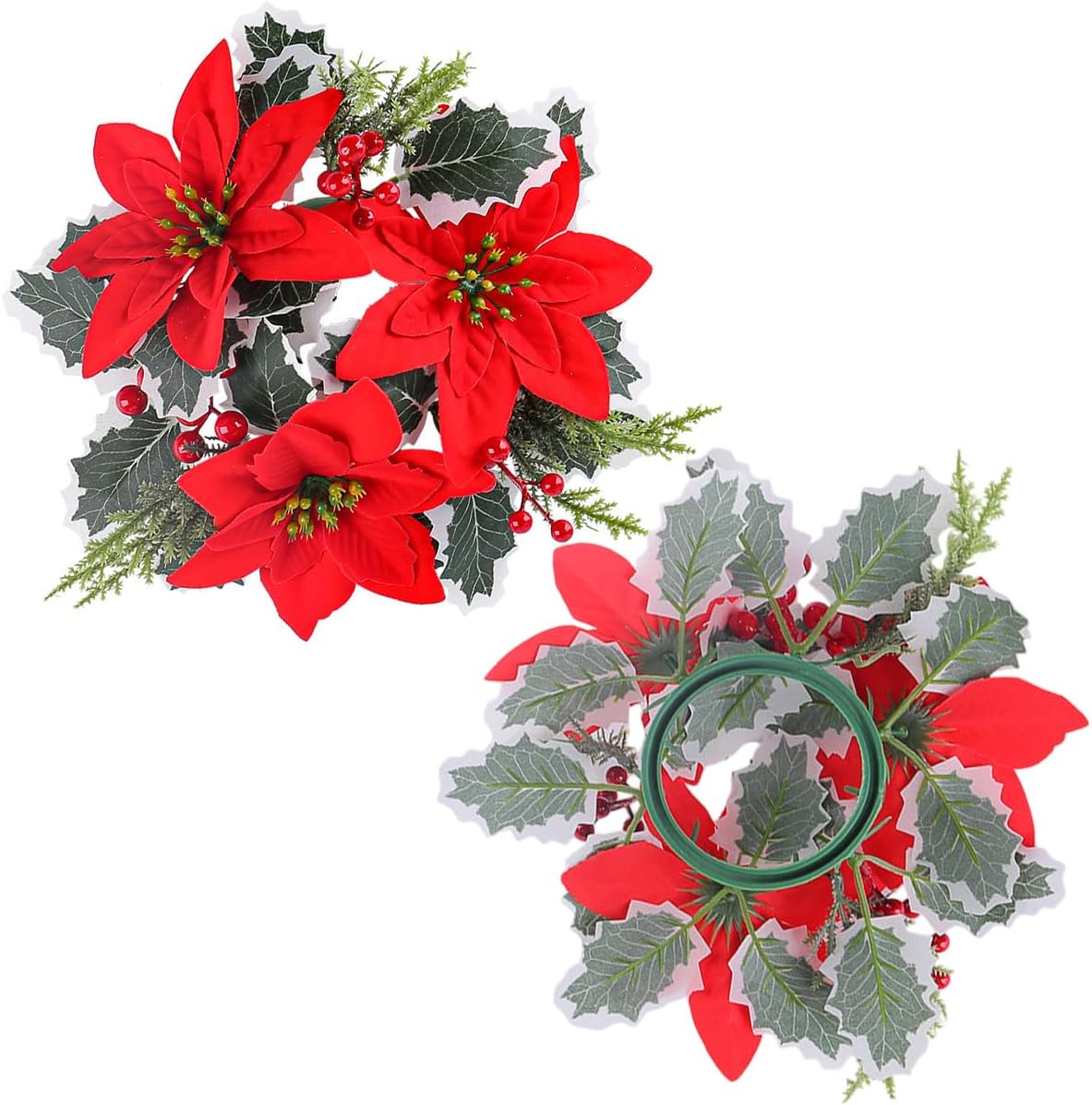 Regine Switzerland Christmas Candle Rings - Artificial Red Poinsettia & Pine Wreath Holders | Holiday Table Decor