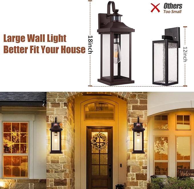 Dusk to Dawn Motion Sensor Outdoor Lights Oil Rubbed Bronze 2-Pack, 18 Inch Large Outdoor Light Fixtures Brown Exterior Lights Photocell IP65 Waterproof Outside Lanterns for House Vintage