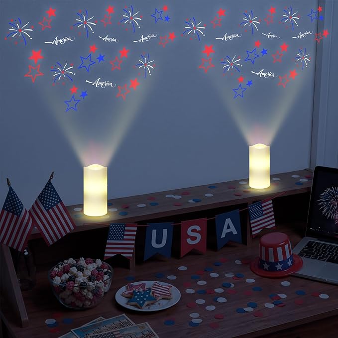 4th of July Flameless Candle Patriotic Projector Light USA 250th Anniversary Decoration LED Candle Battery Operated Night Light with Remote Timer Independence Day Memorial Red White Blue Table Decor