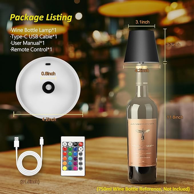 2025 New Wireless Bottle Lamp - LED Bottle Lights for Liquor & Wine Bottles, Cordless Lampshade, Whiskey Bottle Top Light, Bottle Stopper Night Light Kit, Rechargeable RGB Remote & Touch-Dimmable