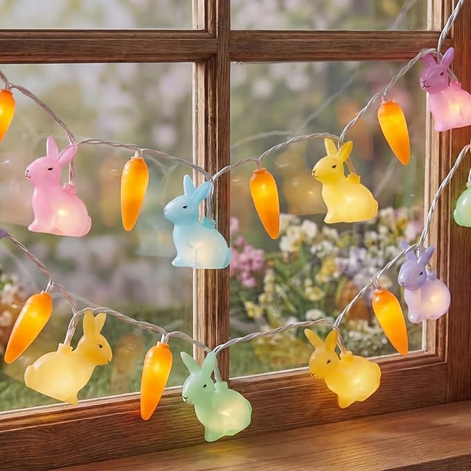 Easter Multicolor Rabbit and Carrot String Lights, 8.5Ft Plug in Spring Decorations String Lights with 10 LED Bunny and Corrt Lights for Easter Party Spring Home Garden Patio Indoor Outdoor Decor