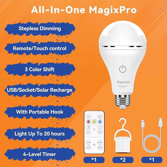 MagixPro Remote Rechargeable Light Bulbs, USB & Socket Charging, 1800mAh Battery, Dimmable LED Bulb for Hardwired & Non-wired Lamps Sconces, Touch + Remote Control, Wall Switch Compatible, 2 Pack