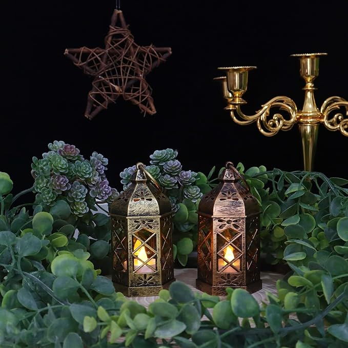 LLQ 12Pcs Mini Lantern for Centerpieces, Small Candle Lanterns Decorative Indoor, Vintage Hanging Moroccan Lantern for Halloween Decorations, Christmas Centerpieces for Tables, Wedding Table Decor