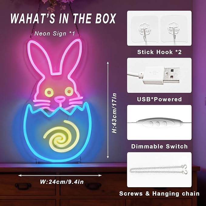 Easter Egg Neon Sign - Bunny LED Wall Decor with Multicolor Glow, USB Powered Dimmable Spring Decor for Easter Party Decorations & Gift Ideas