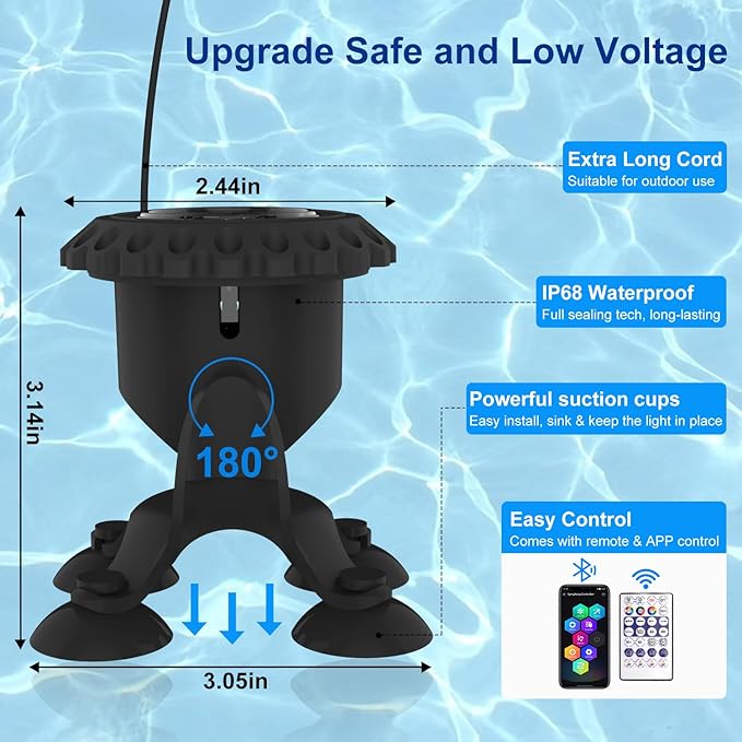 T-SUN Colored Pond Lights with Timer,LED Underwater Pond Light Submersible Fountain Lights for Fish Tank Landscape Spotlight-Bluetooth APP & Remote Control,IP68 Waterproof,Aquarium,Yard (1 Heads)