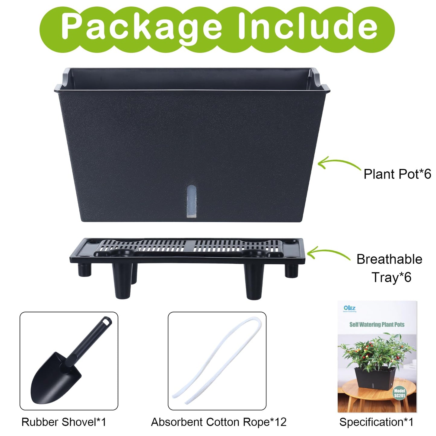 Window Box Planter 6 Pcs, 12.1 Inches Self Watering Plant Pots Rectangle Flower Pots with Drainage Holes and Breathable Trays, Vegetable Planters for Windowsill Patio Garden Balcony Porch Yard (Black)
