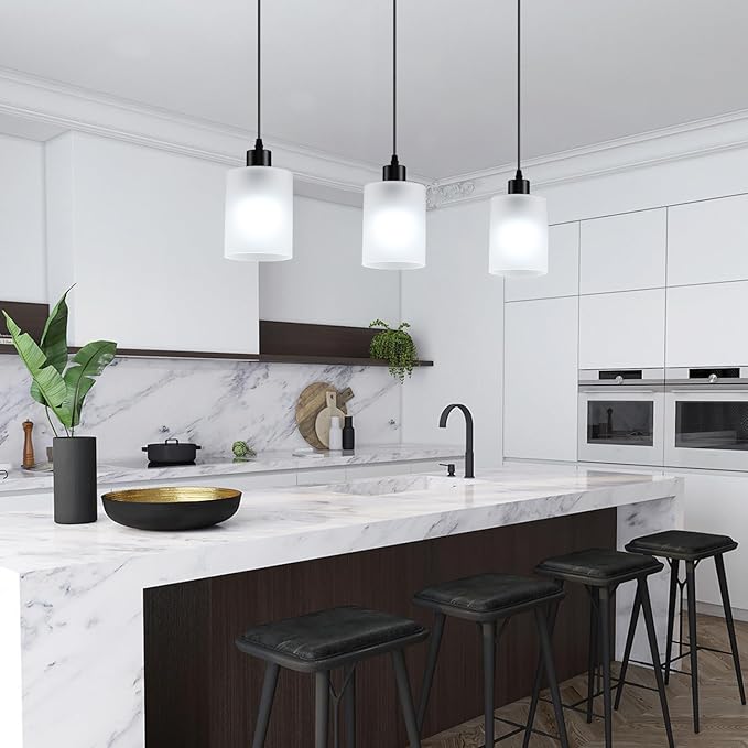 3-Pack Industrial Pendant Lighting, Modern Frosted Glass Shade Farmhouse Adjustable Hanging Light Fixtures for Kitchen Island Living Room Bedroom Hallway