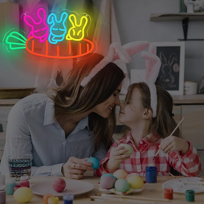 Easter Sign Rabbit Neon Sign for Easter Window Decorations, Cute Led Bunny Carrot Light UP Party Sign Home Room Decor, Wall Decor, Easter Gifts for Kids