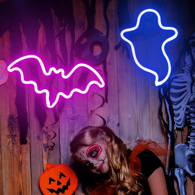 2 Pack Halloween Decoration LEDs Neon Sign Light Ghost Neon Sign Bat Lights Neon Signs Hanging Neon Signs for Halloween Party Decorations Indoor Home Window Decorations(Batteries Not Included)
