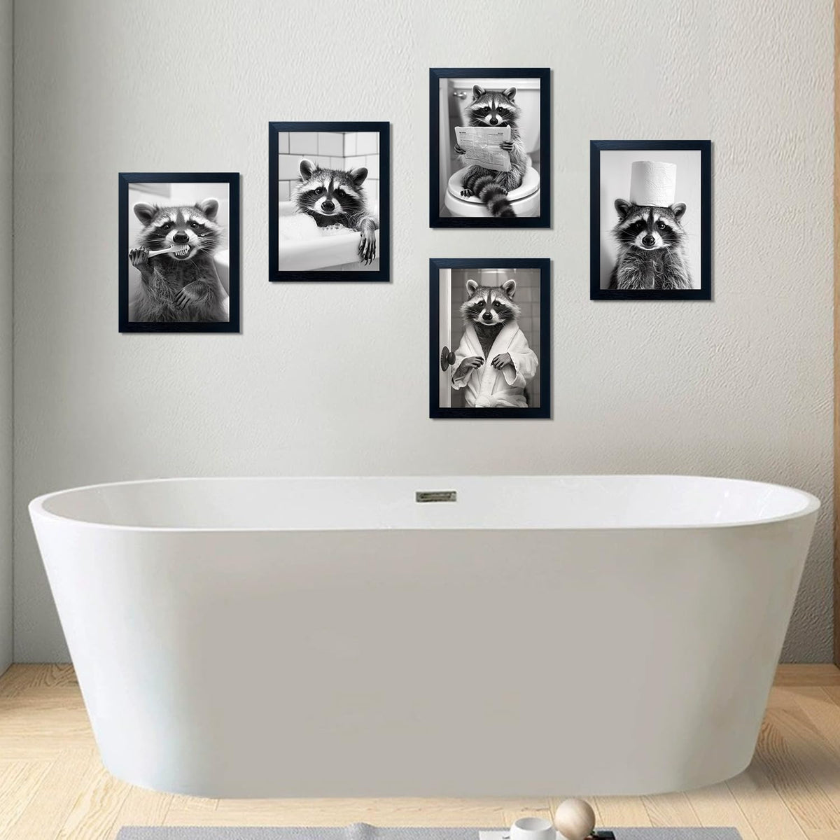 Raccoon Bathroom Art - Funny Black and White Animal Wall Decor | Framed Print for Farmhouse Style