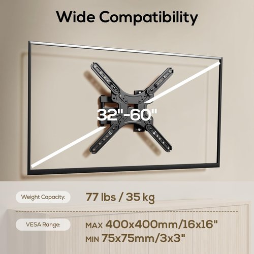 IWORKBOARD 43 50 55 inch Full Motion Corner TV Wall Mount for Most 32-60" TVs, Articulating Swivel Tilting TV Wall Mount Bracket, up to 77 lbs, VESA 400x400mm, Single Stud