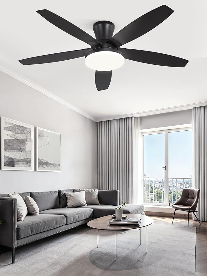 ZMISHIBO 48 inch Ceiling Fans with Lights and Remote/APP Control,Black Low Profile Ceiling Fan with Light,Quiet DC Motor,LED Dimmable, Modern Flush Mount Ceiling Fan for Bedroom Indoor/Outdoor Patio