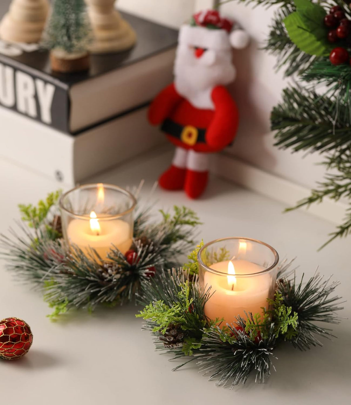 Regine Switzerland Christmas Candle Ring Set - 4 Pcs Votive Candles with Red Berry & Pinecone | Holiday Table Centerpiece Decor