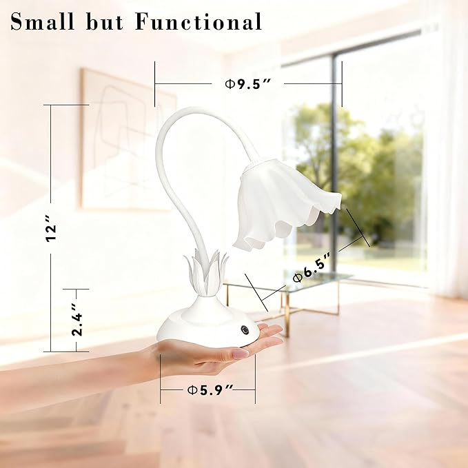 Cordless Flower Table Lamp White, Valentine‘s Gift, 5200-mAh Rechargeable Touch Lamp, 3-Way Dimmable, Build-in Integrated LED 320 Lumen Max, for Nightstand Bedroom Living Room