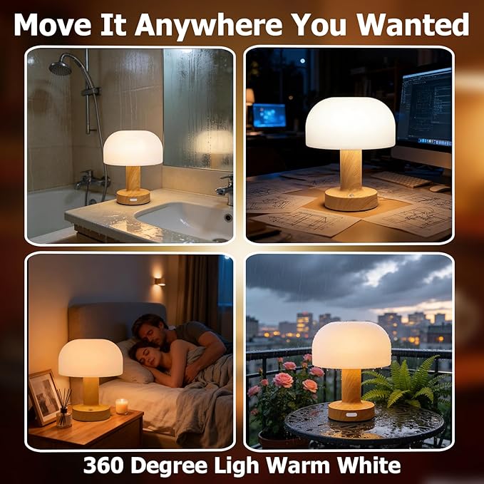 Waterproof Shower Lamp Cordless Rechargeable Mushroom LED Light, IP65 Waterproof Bathroom Lamp Portable Touch Light for Shower, Shower Light Bathroom Bathtub Decor Indoor Outdoor Use