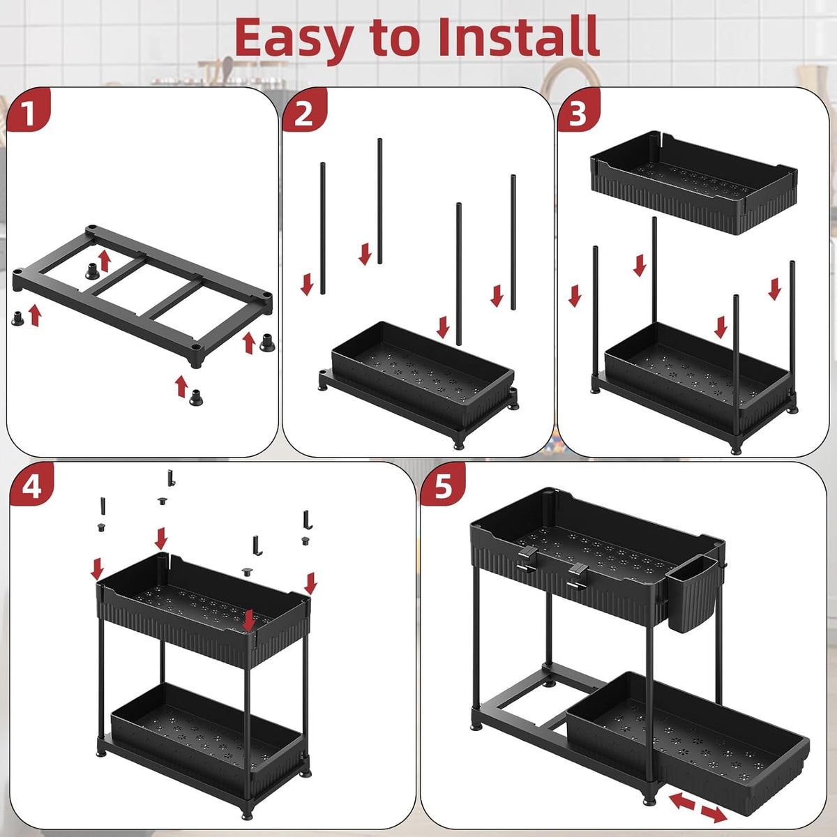 Sevenblue Under Sink Organizer - 2 Tier Multi-Use Pull Out Cabinet Storage | Black, 4 Pack