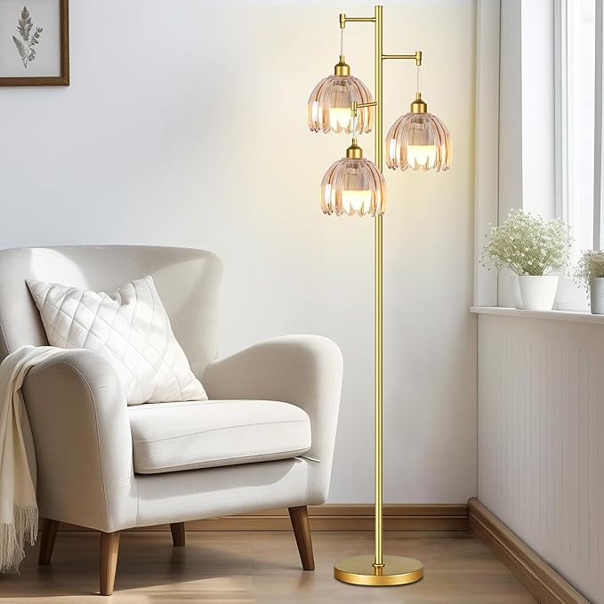 Gold Floor Lamps for Living Room Vintage Floor Lamp with Glass Lmapshape & Three Led Bulb,Glass Floor Lamps Brass Mid Century Modern Standing Lamp Tall Tree Flower Floor Lamp for Bedroom,Office,Corner