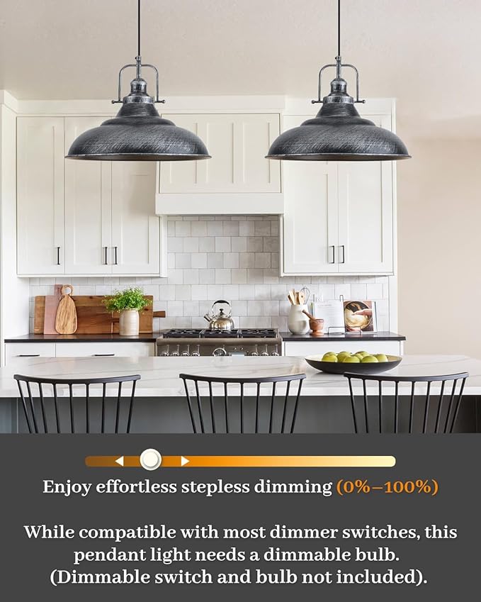 16 Inch Farmhouse Pendant Lights, Black and Silver Pendant Light Kitchen Island, Large Industrial Pendant Lights, Vintage Farmhouse Pendant Light for Kitchen Island, Dining Room (2 Pack)