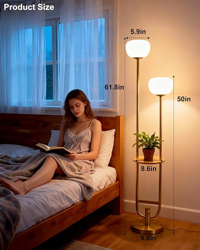 Lightdot 63IN Gold Floor Lamp Dimmable Standing Lamps with Tray, Pumpkin Shades& Bulbs Included, Unique U-Pole Mid Century Modern Tall Lamp for Living Room/Wedding/Party/Sofa Beside/Corner Decor