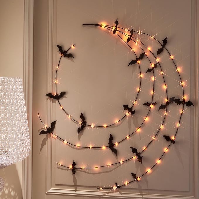 Hairui Lighted Halloween Garland with Bats Battery Operated with Timer, Black Garland with Lights 6FT 80 Orange and Warm White Fairy Lights 10 Functions for Wall Room Porch Halloween Decor 2Sets