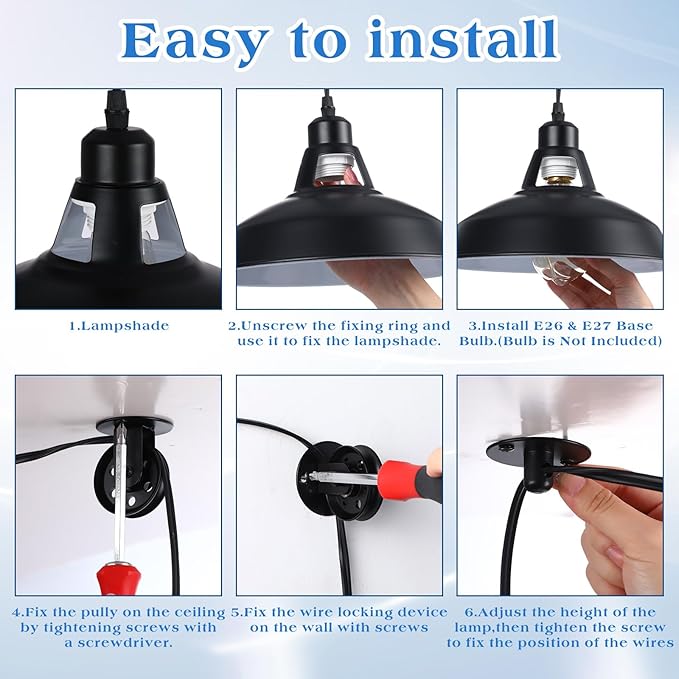 VIHOSE 4 Pcs Industrial Vintage Plug in Pendant Ceiling Light Hanging Lamp E26 E27 Hanging Light Fixtures with Plug in Cord 14.76ft Switch, Metal Adjustable Pulley Wall for Bedroom Restaurant Kitchen
