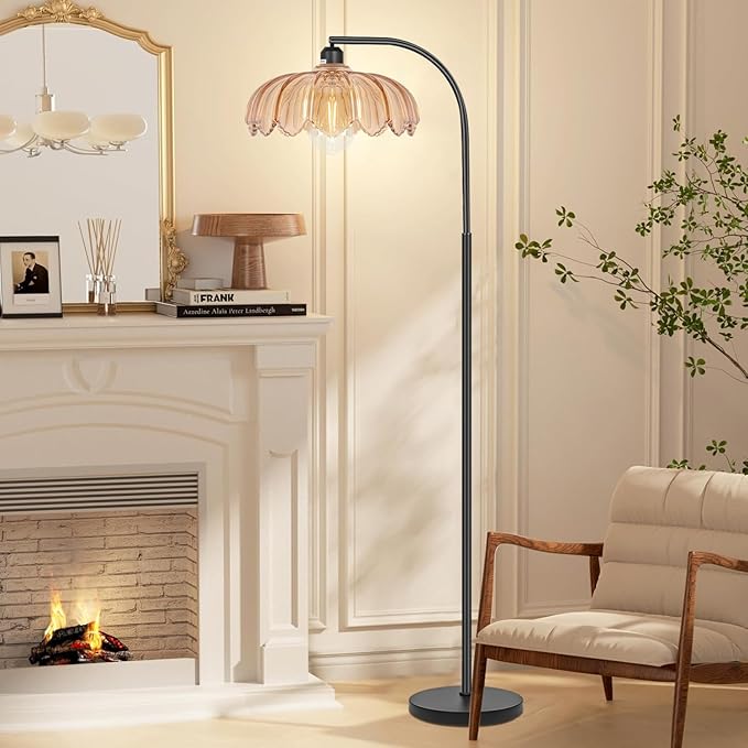 Black Floor Lamp for Living Room,Bedroom,Mid Century Modern Standing Lamp with Remote,Dimmable Brass Tall Lamp Amber Glass Lamp Vintage Retro Arc Floor Lamps Flower Floor Light Boho Bohemian