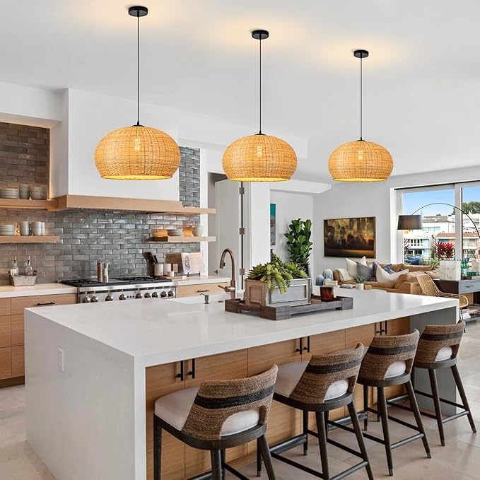 18.93in Bamboo Pendant Lights Wicker Light Hand-Woven Rattan Light Fixture Boho Coastal Ceiling Chandelier Lighting for Beach Kitchen Island Restaurant Hallway Dining Room Bedroom