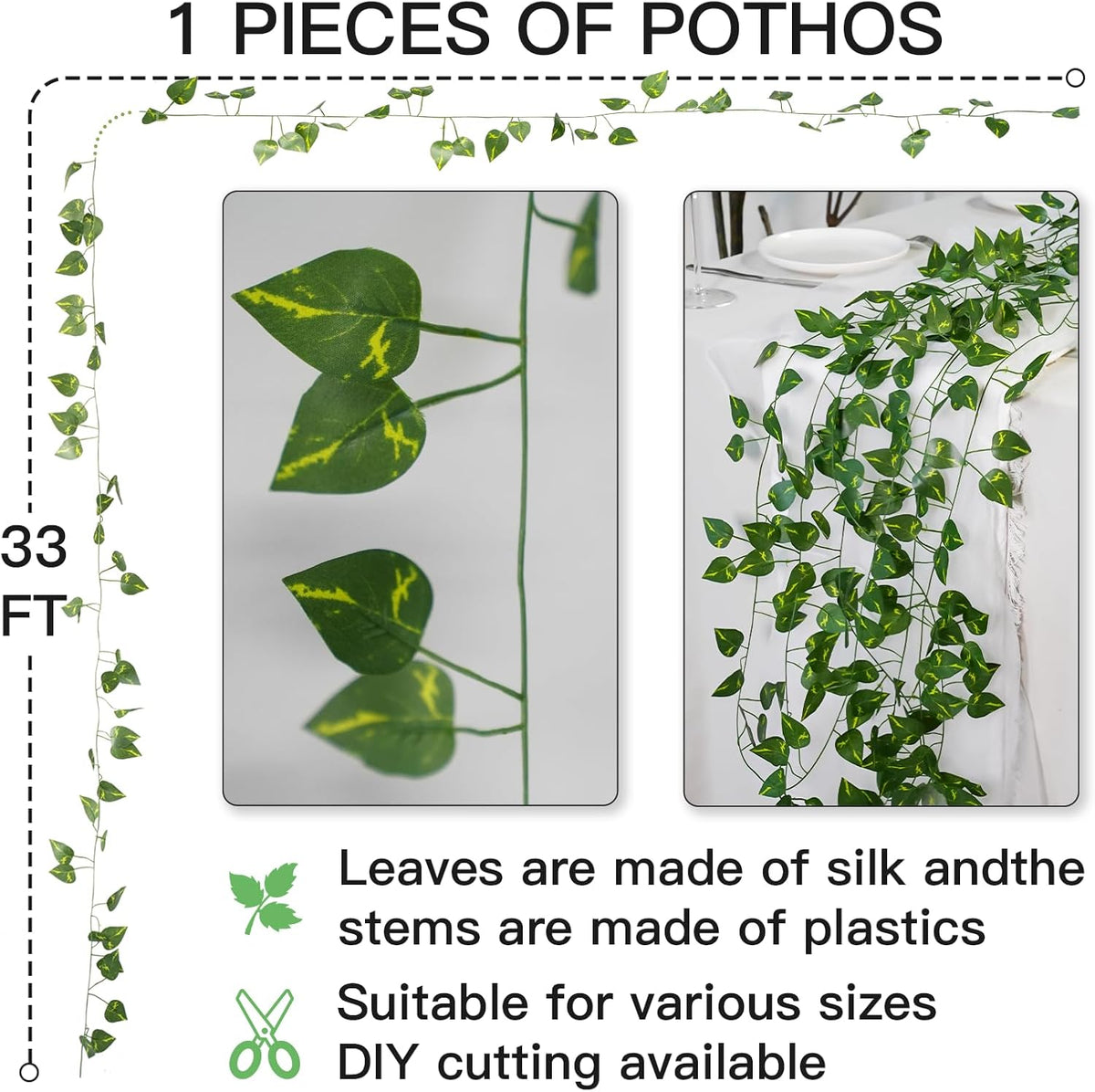 Suddus Artificial Pothos Leaves - 33 Feet Faux Greenery Hanging Garland for Home & Garden Decor