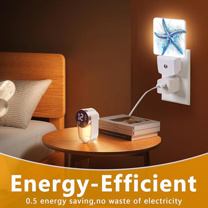 Watercolor Starfish Night Light, Plug-into Sea Beach Nightlight White LED Lamp, Energy Efficient Decor Desk Lamp for Bedroom Hallway Stairs Bathroom