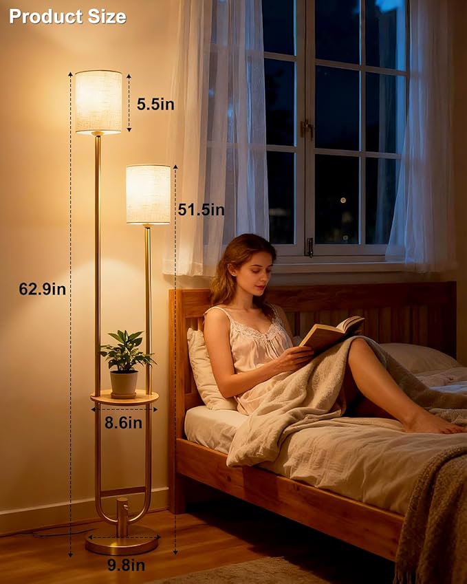 Lightdot 63Inch Floor Lamp with Table Dimmable Gold Floor Lamp for Living Room 2-Light Mid Century Modern Tall Standing Lamp with Fabric Shade for Bedroom/Sofa Beside/Corner Decor(Bulbs Included)