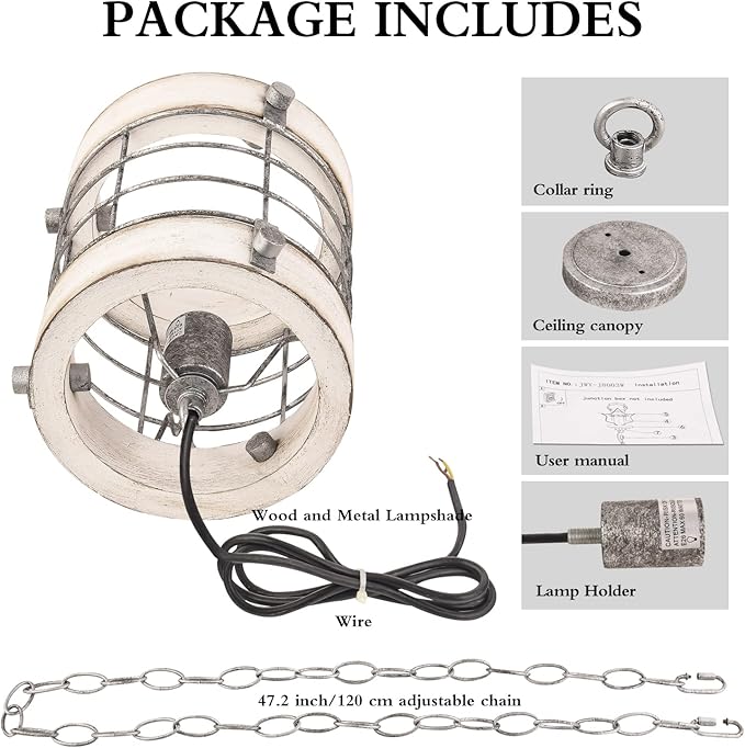 Retro Industrial Metal and Wood Chandelier 1-Light Round Cage Pendant Light Fixture for Kitchen Island Foyer Hallway Bar Dining Room Restaurant, D 7.9" x H 8.7" (White)