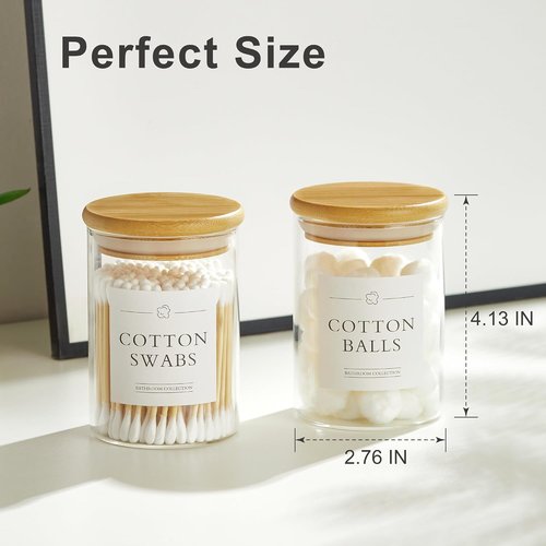 INIUNIK Qtip Holder Dispenser - 4 Pack Glass Apothecary Jars with Lids | Bamboo Bathroom Organizers