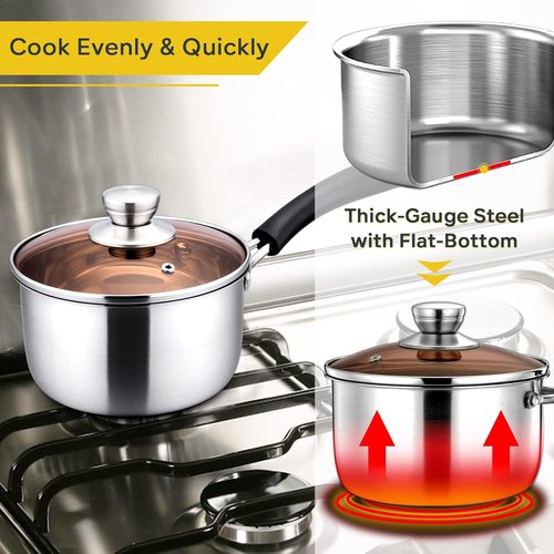 E-far Stainless Steel 1 Quart Saucepan with Glass Lid - Easy Clean & Rust-Free Cooking Pot