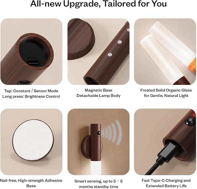 Motion Sensor Night Lights – 4 Pack Rechargeable Magnetic LED Sconces for Bedroom, Hallway & Picture Lighting + 4-in-1 Charging Cable (Walnut Brown)