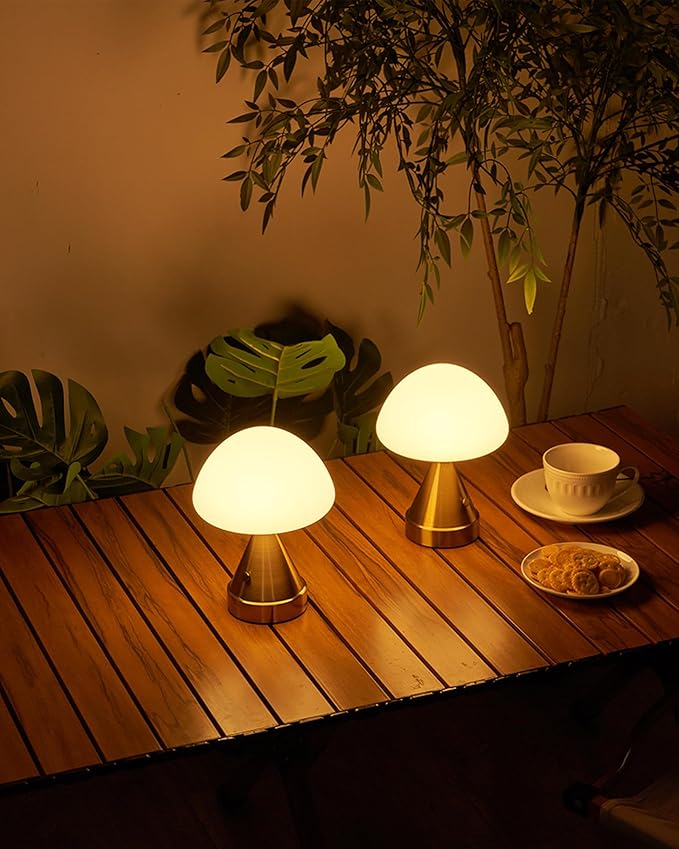 Small Cordless Mushroom Table Lamp, Mini Rechargeable Battery Powered Night Light, Touch Control Dimmable, Portable Gold Lamp for Kitchen Restaurant Dining Table Bathroom Patio