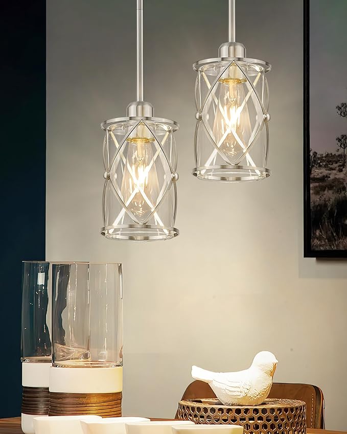 Brushed Nickel Pendant Lights Kitchen Island 2 Pack, Mini Glass Pendant Light Fixtures with Clear Glass, Modern Hanging Lighting for Kitchen Sink Dining Room Bathroom, CH9176BN-2PK