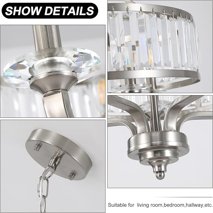 20" Brushed Nickel Crystal Chandelier,5-Light Modern Dining Room Light Fixture Over Table Adjustable Height Hanging Industrial Pendant Lights Kitchen Island,Living Room Kitchen Island Entryway