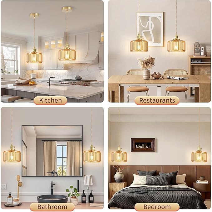 2 Pack Industrial Pendant Lighting, Modern Glass Shade Farmhouse Adjustable Hanging Light Fixtures for Kitchen Island Living Room Bedroom Hallway, Brown
