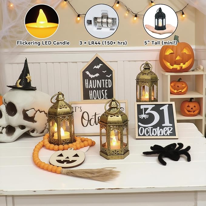 LLQ 12Pcs 5-Inch Ramadan Mini Lanterns - Ramadan & Eid Mubarak Decorations - Vintage Table Centerpieces for Wedding&Christmas Decor - LED Flickering Lantern Light for Hang Ornaments(Brushed Brass)