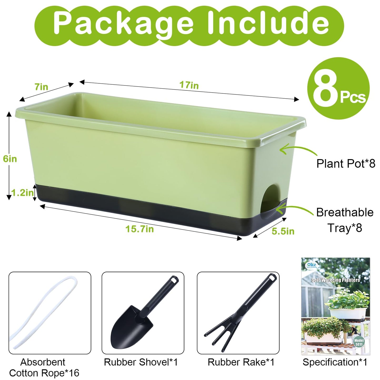 Oliz Window Box Planter 8 Pcs, 17 Inches Rectangle Flower Pots with Drainage Holes & Trays, Vegetable Planters for Windowsill Patio Garden Balcony Home Indoor Outdoor (Light Green, 16 * 7 * 6 inch)